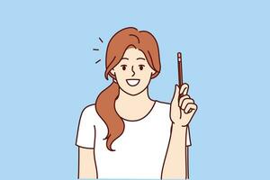 Happy woman has come up with new idea and is holding up pencil to share thoughts and discuss topic. Young inspired girl with smile looks at screen, recommending listening to cool idea to improve life. vector