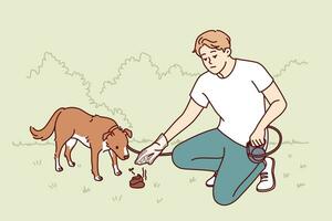 Man walking dog puts excrement in plastic bag so as not to pollute park. Young guy dog owner shows conscientiousness cleaning up after puppy and taking care of cleanliness of surrounding area vector