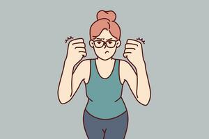 Woman clenches fists demonstrating willingness to fight and feeling desire to beat offender because of insult or aggression. Strong girl in glasses looks at screen showing aggression and hatred vector