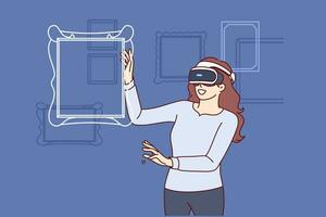 Woman in VR headset stands among virtual paintings visiting digital museum or contemporary art exhibition. Girl in VR glasses is delighted to find herself in exhibition center with augmented reality vector