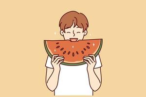 Little boy eats watermelon and smiles enjoying taste of juicy fruit that allows to refresh in hot summer weather. Happy child bites piece watermelon containing useful vitamins and substances vector