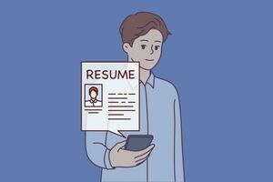 Man HR recruiter holding phone with resume job seeker wants to get job and has responded to vacancy. Guy employee HR agency is looking for staff for company through internet sites and applications. vector