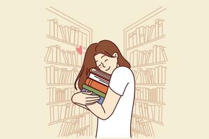 Girl hugs stack of books standing in library or bookstore and rejoicing at opportunity to read lot. Female student bookworm holding books and experiencing happiness anticipating reading vector