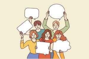 People with speech bubbles in their hands are invited to visit conversation club and exchange opinions. Happy young friends with speech clouds symbolizing new ideas after brainstorming together vector