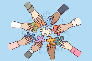 Hands business people with puzzle symbolizing teamwork and joint execution of tasks or creation of strategy. Teamwork of company management team to improve existing business solutions vector