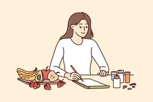 Woman nutritionist makes diet plan for client sitting at table with fruits and pills. Girl nutritionist comes up with recipe for alternative nutrition replacing use of pharmacology vector