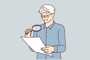 Experienced businessman is checking legal contract using magnifying glass to read fine print. Elderly man holds document and carefully studies all clauses of contract before signing or sealing vector