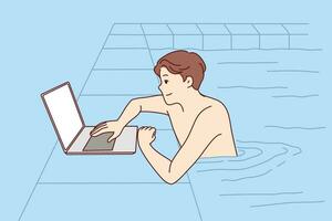 hombre nada en piscina y usos ordenador portátil a hacer Lanza libre trabajo mientras de viaje o relajante. soltero chico disfruta vacaciones y nada en piscina acecho crecimiento de inversión ingresos mediante computadora vector