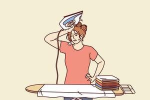 Woman housewife with iron wipes sweat from forehead standing near ironing board and tired due to lot of housework. Girl housekeeper with iron feels exhausted and needs rest from doing daily routine vector