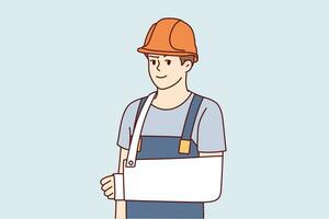 Man builder with broken arm after accident at workplace and looks at screen. Guy builder or foreman in hardhat and work overalls got injured during construction for employees insurance concept vector