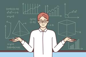 Man mathematics teacher stands near school blackboard with formulas and geometric drawings. Young smart professor in white shirt and glasses works at university studying science of mathematics vector