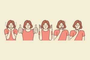 Woman makes happy facial expressions and approving gestures to share good mood and joyful emotions. Set of everyday girls experiencing happy and euphoria or joy from fulfillment of dream vector