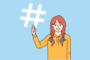 Little girl is holding hashtag symbol offering to use sign to tag friends or events in social media posts. Schoolgirl with hashtag recommends making link and using special sign for relinking vector