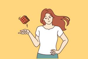 Smart girl throws assembled cube puzzle with ease, having coped with difficult task to find out IQ. Young girl is proud of high intelligence and looks at screen demonstrating popular puzzle vector