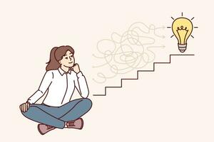 Ambitious business woman comes up with ways and ideas to solve problems sitting near stairs with light bulb. Ambitious girl dreams of climbing up career ladder and achieving success in corporation. vector