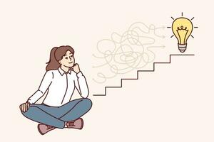 Ambitious business woman comes up with ways and ideas to solve problems sitting near stairs with light bulb. Ambitious girl dreams of climbing up career ladder and achieving success in corporation. vector