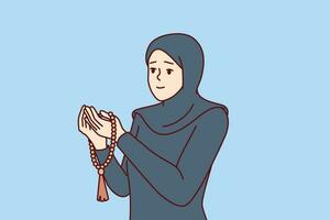 musulmán Orando mujer es vestido en islámico ropa con hijab y lee oración, torneado a Alá para ayuda. Orando niña creyendo en islam cree en árabe religión y visitas mezquita vector