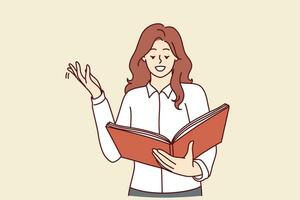 Woman is reading book and waving hand with smile rehearsing theatrical role and dreaming of becoming famous actress. Positive girl with book in hands enjoying reading classical literature vector