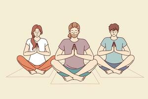 People do meditation and yoga sitting on fitness mats and taking lotus position to do zen practice. Friends meditate and do yoga to cleanse soul and improve mental state after difficult life period. vector