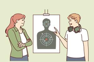 Man teaches woman to shoot at targets with rifle range of firearms for admission to police academy. Girl attends shooting classes in rifle range, training to use pistol or rifle for self-defense vector