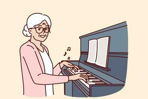 mayor mujer obras de teatro piano y sonrisas, alegría a presencia de creativo pasatiempo. contento abuela sentado cerca pianoforte o piano y haciendo tutoría y aprendizaje a jugar musical instrumentos vector