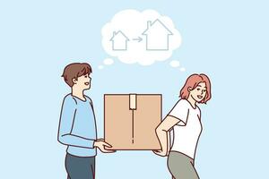 Relocation of happy couple carrying box while moving and thinking about mortgaged house. Man and woman are moving from small housing to large one standing near dialogue cloud with outlines cottages vector