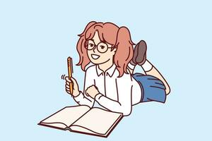 Little schoolgirl lies on floor with workbook and takes notes preparing for school lesson. Happy elementary school girl smiles and keeps personal diary with wishes or plans for holidays vector