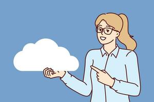 Woman demonstrates cloud symbolizing internet technology and virtual servers for storing and processing data. Positive businesswoman recommends using cloud storage and developing IT vector