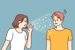 Language barrier between woman and man experiencing communication problems and standing near latin letters. Puzzled guy does not understand talking girl because of language barrier. vector