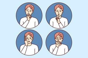 Emotional man with different moods shows thoughtful or frightened grimace and calls for silence. Emotional expressive guy feels fear and horror and says shh putting finger to mouth. vector