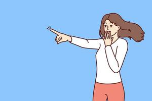 Enthusiastic woman pointing to side offering to pay attention to sale in store with big discounts. Surprised girl shouting wow pointing at advertised product or copy space with great offer vector