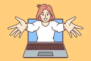 Cheerful woman looks out of laptop with VR effect of virtual reality and spreads arms to sides, wanting to hug you. Laptop with positive girl from internet advertising on website or in software vector