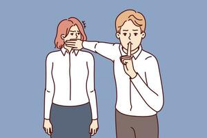 Arrogant man boss shutting woman mouth ordering to be silent and showing discriminatory actions and censorship. Concept of gender inequality and lack of freedom of speech in team due to censorship vector