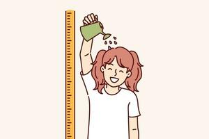 Little girl stands near ruler for measuring height and pours watering can on head, wanting to stop being child. Funny child dreams of getting taller and going to high school or college vector