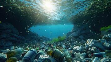 , Plastic carrier bags, bottles and other garbage pollution in ocean. Environment concept photo