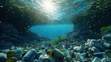 Generative AI, Plastic carrier bags, bottles and other garbage pollution in ocean. Environment concept photo