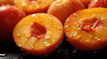 , bright slice of juicy ripe apricot and water drops, macro of summer fruit photo