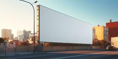 generativo ai, realista calle grande cartelera burlarse de arriba blanco para presentación publicidad. al aire libre firmar blanco en el futurista ciudad, negocio concepto foto