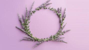 Generative AI, wreath of lavender branches flowers with copy space, natural organic floral frame violet background photo