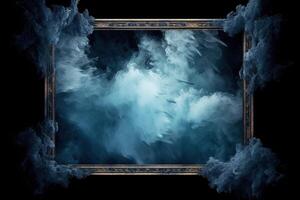 Generative AI, Blue flowing smoke around empty vintage beautiful frame. Copy space, frame mock up blank photo