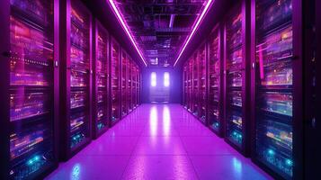 Generative AI, Data Center, modern high technology server room in purple neon colors. Modern telecommunications, cloud computing, artificial intelligence, database. photo