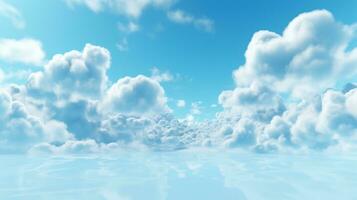 Generative AI, Blue fantastic 3d clouds on the floor, sky and landscape. Gentle colors and with bright lights. photo