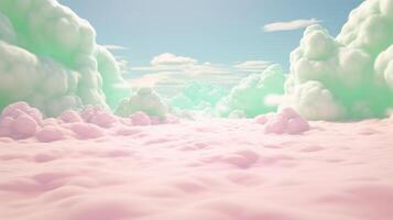 Generative AI, Pink and green fantastic 3d clouds on the floor, sky and landscape. Gentle colors and with bright lights. photo