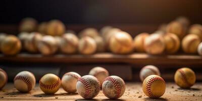 generativo ai, áspero y escabroso textura de antiguo béisbol pelotas cerca arriba en Clásico antecedentes foto