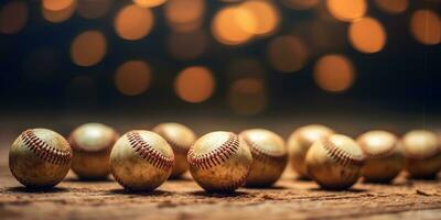 generativo ai, áspero y escabroso textura de antiguo béisbol pelotas cerca arriba en Clásico antecedentes foto