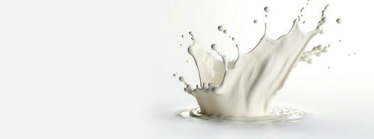 Generative AI, Flowing liquid with splashes in white color. Glossy creamy milk fluid banner, 3D effect, modern macro photorealistic abstract background illustration photo