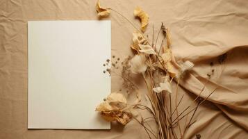 Generative AI, Bohemian white blank sheet paper surrounded by natural dried leaves and plants, poster mock up photo