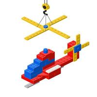 Concept with helicopter and crane assembled from plastic blocks in isometric style. Vector illustration.