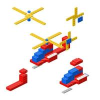 A concept with a helicopter and its parts assembled from plastic blocks in an isometric style. Vector illustration.