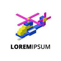 Logo with helicopter assembled from plastic blocks in isometric style for print and design. Vector illustration.